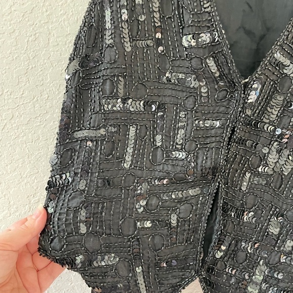 Vintage 100% Silk Sequins Tuxedo Vest - Picture 2 of 6